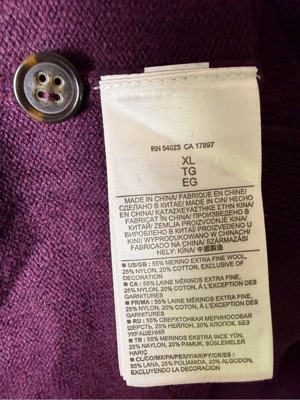 Banana Republic Men’s XL Merino Wool Shawl Collar Sweater Burgundy Shoulder Patc